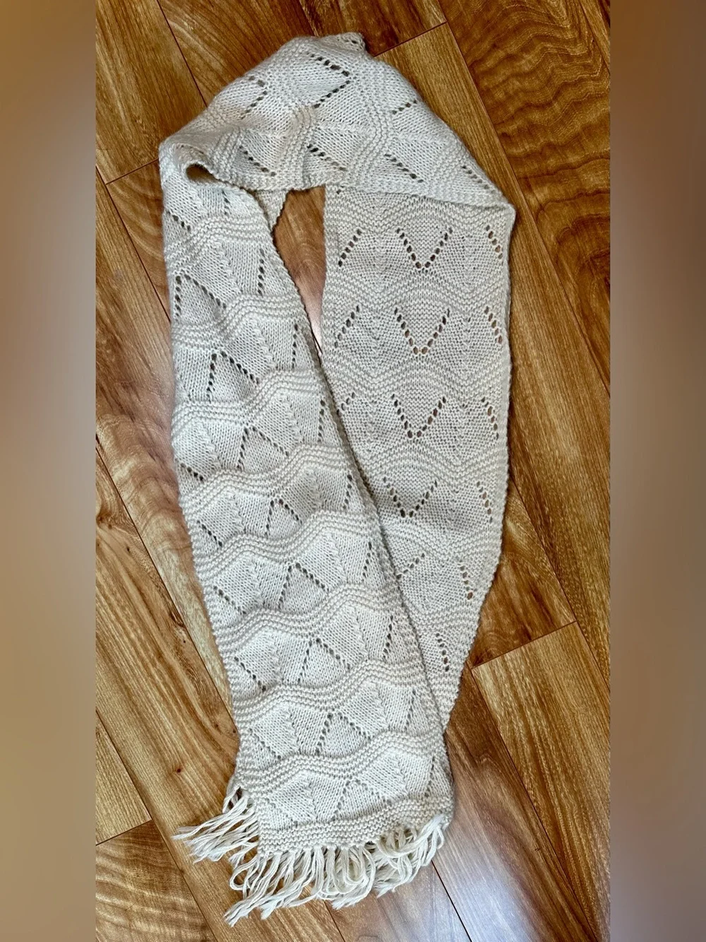 Handmade Peru 100% Alpaca Wool Cream Knit Fringe Scarf
